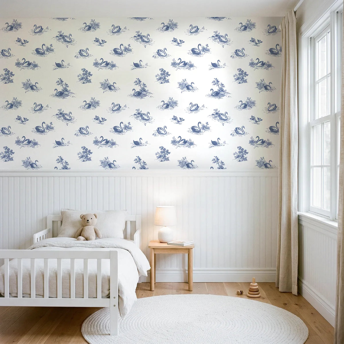 Swan Toile Drop wallpaper above wainscoting - Whimsy Tots
