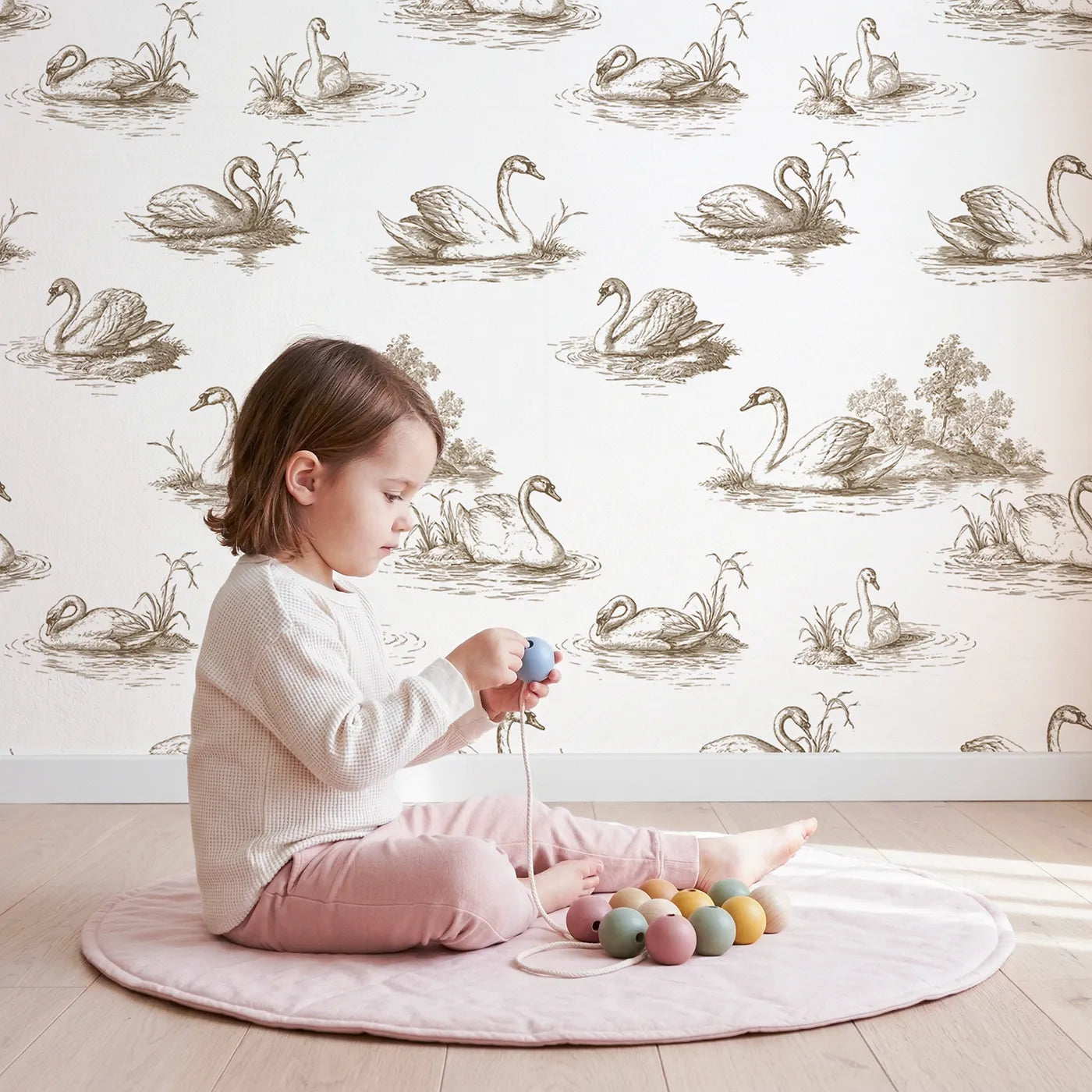Swan Toile Scene in Brown wallpaper in a cozy kids room - Whimsy Tots