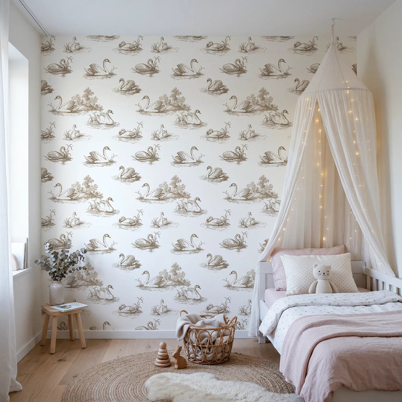 Swan Toile Scene in Brown wallpaper in a styled nursery - Whimsy Tots