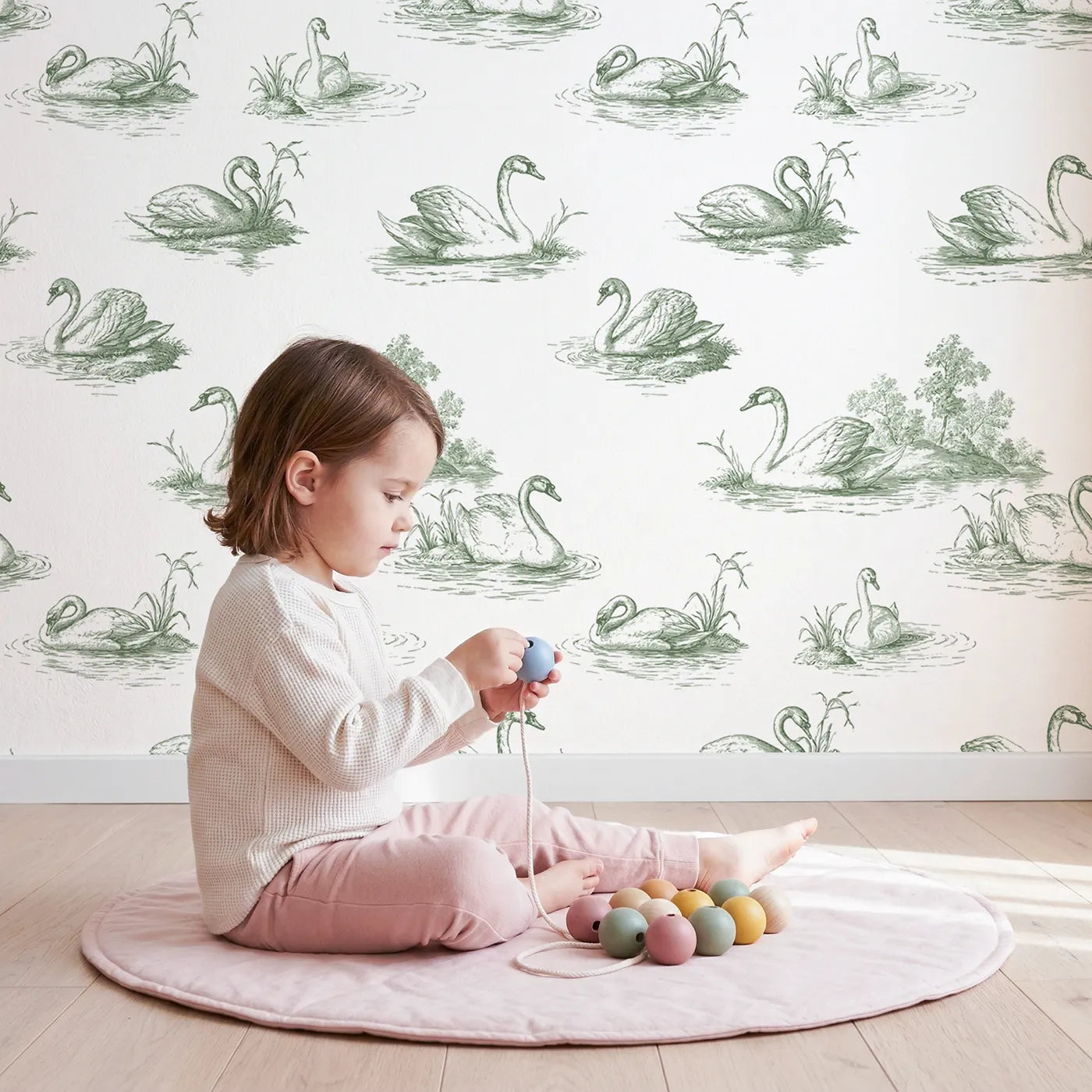 Swan Toile Scene in Green wallpaper in a cozy kids room - Whimsy Tots