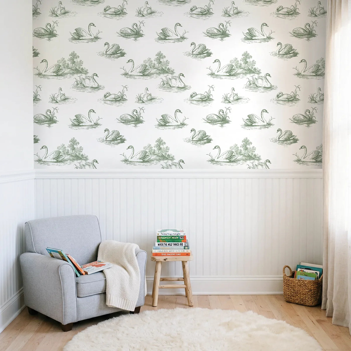 Swan Toile Scene in Green wallpaper above wainscoting - Whimsy Tots