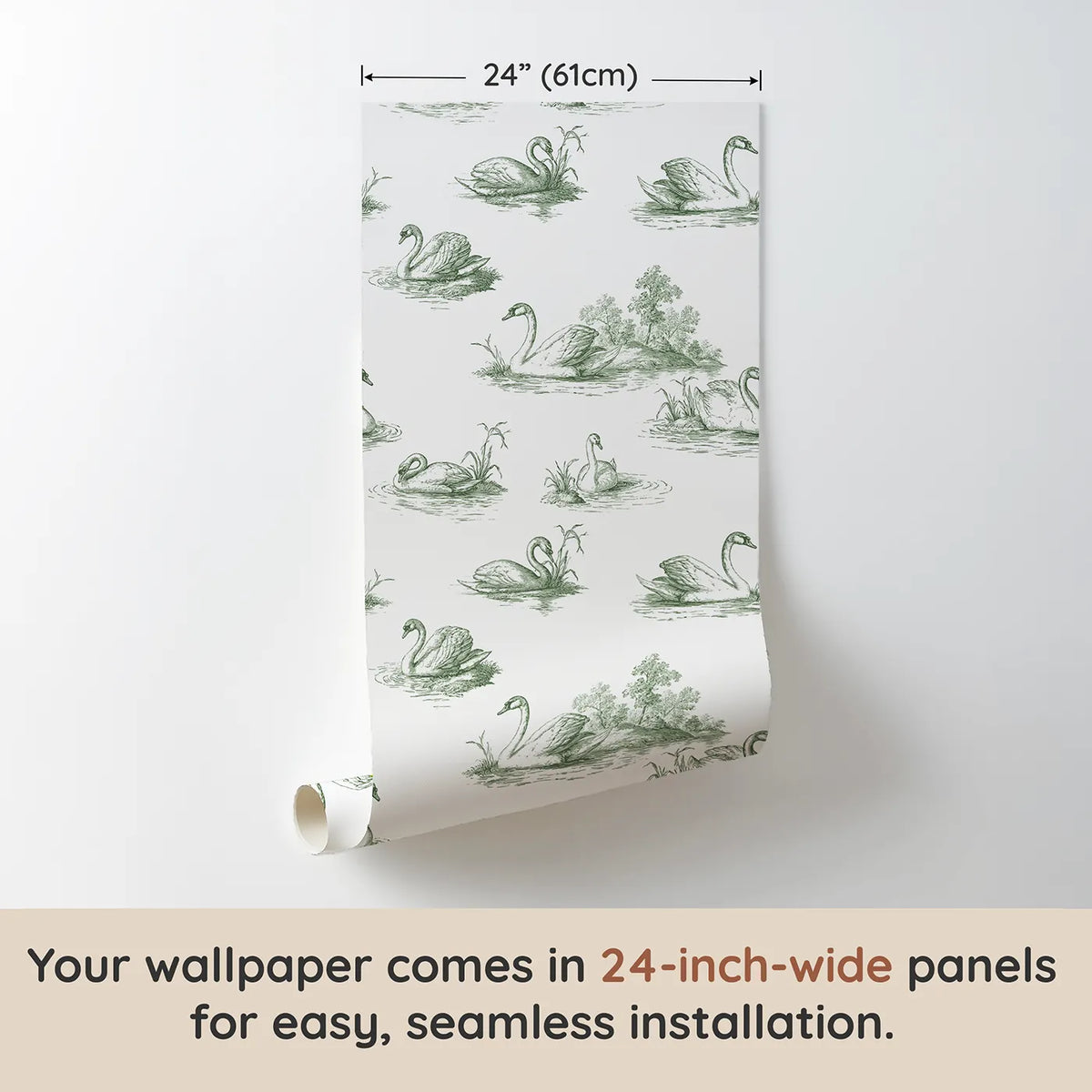 Swan Toile Scene in Green wallpaper panel dimensions - Whimsy Tots