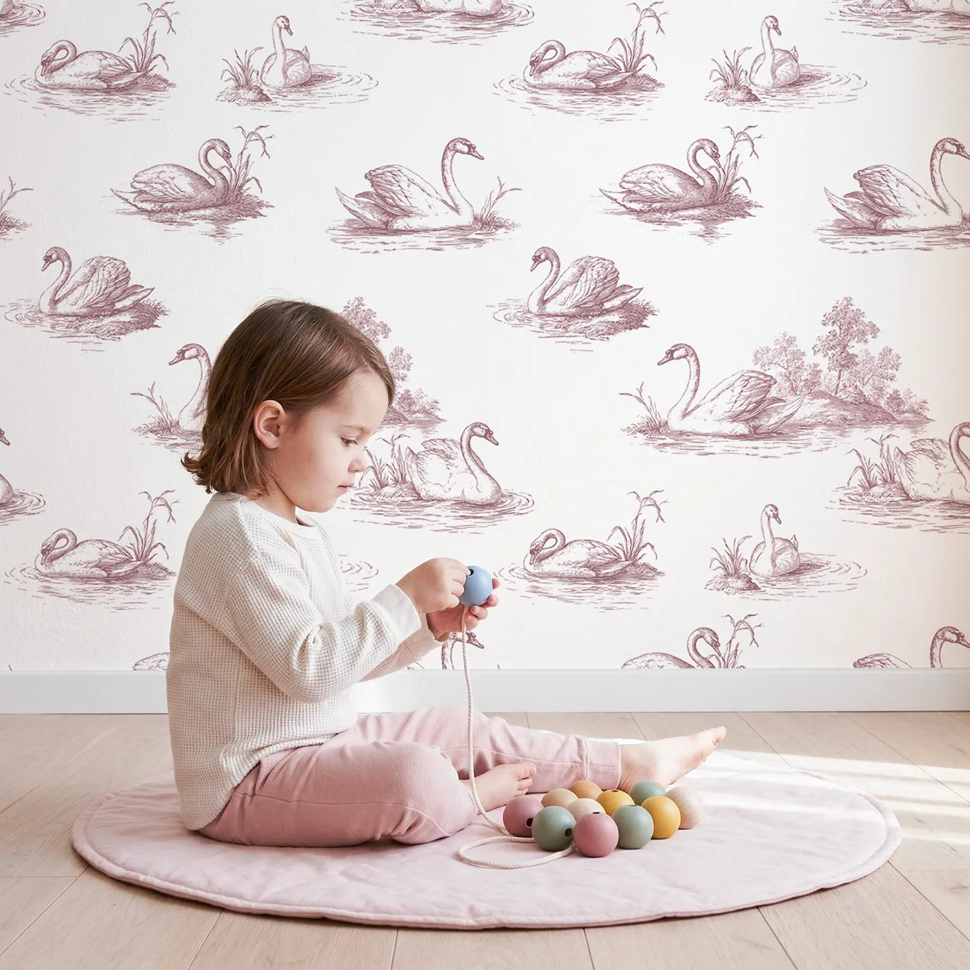 Swan Toile Scene in Pink wallpaper in a cozy kids room - Whimsy Tots