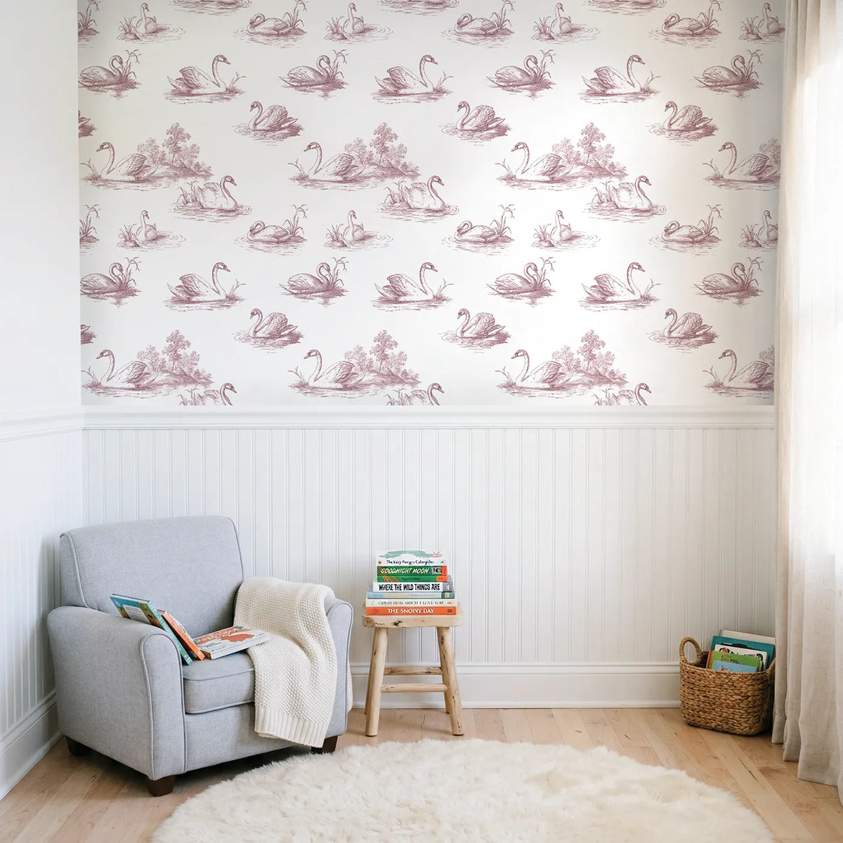 Swan Toile Scene in Pink wallpaper above wainscoting - Whimsy Tots