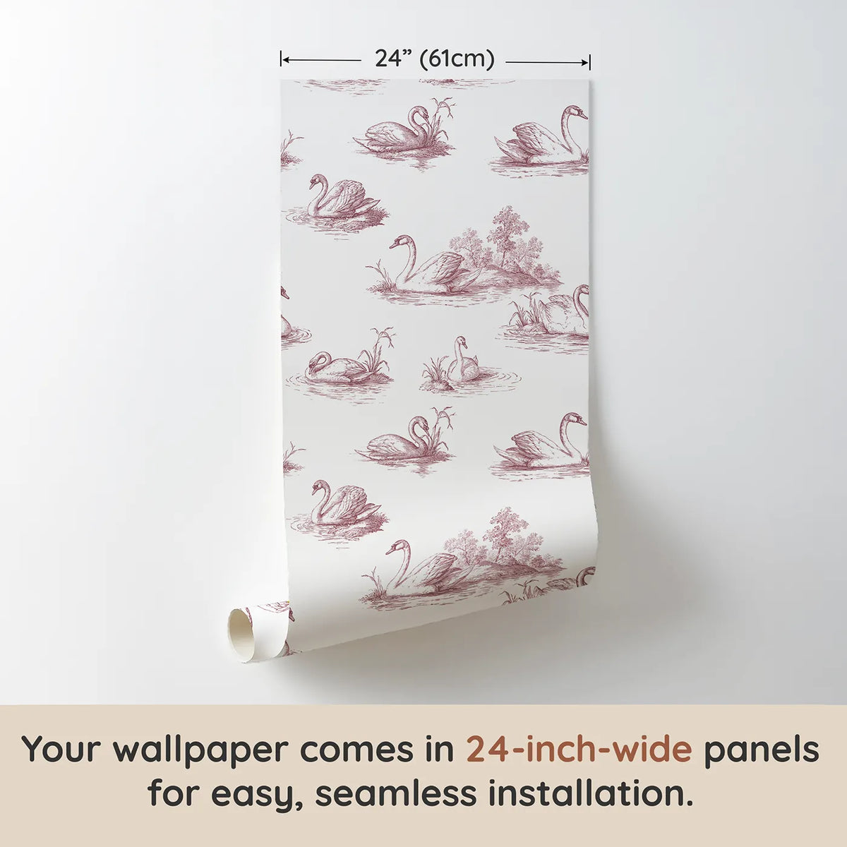 Swan Toile Scene in Pink wallpaper panel dimensions - Whimsy Tots