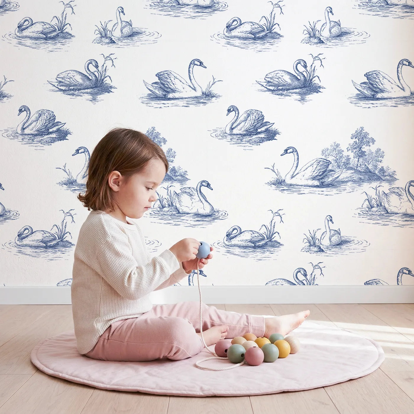 Swan Toile Scene wallpaper in a cozy kids room - Whimsy Tots