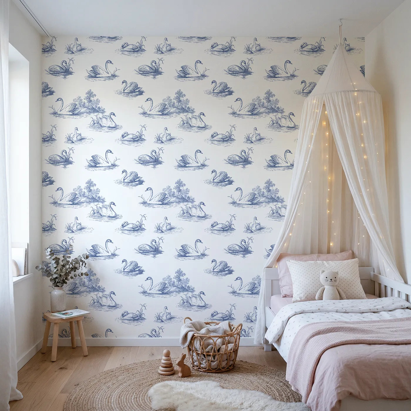 Swan Toile Scene wallpaper in a styled nursery - Whimsy Tots