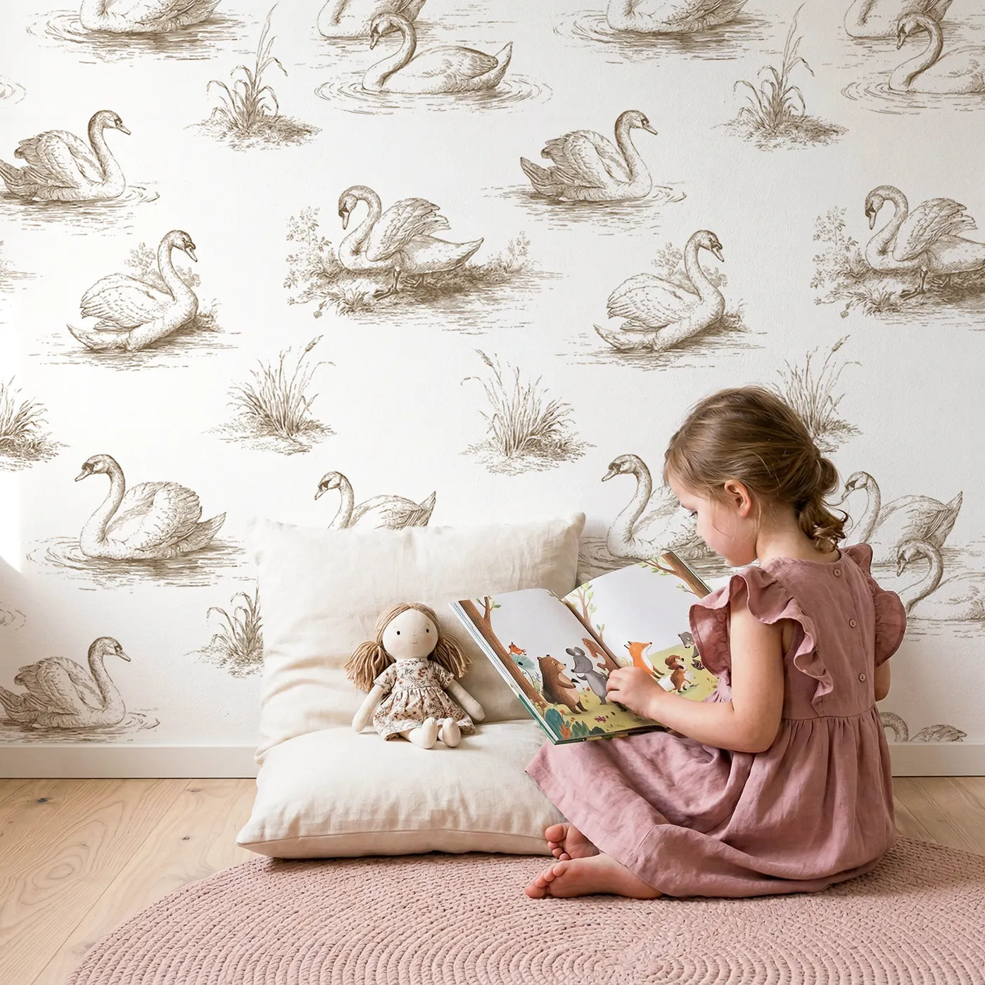 Swan Toile Garden in Brown wallpaper in a cozy kids room - Whimsy Tots