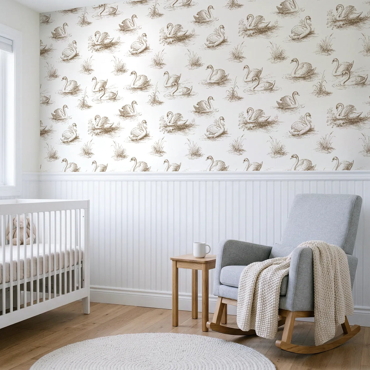 Swan Toile Garden in Brown wallpaper above wainscoting - Whimsy Tots