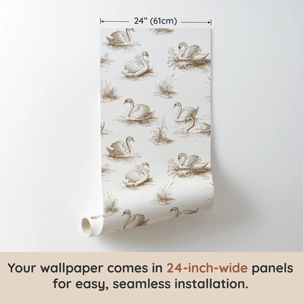 Swan Toile Garden in Brown wallpaper panel dimensions - Whimsy Tots
