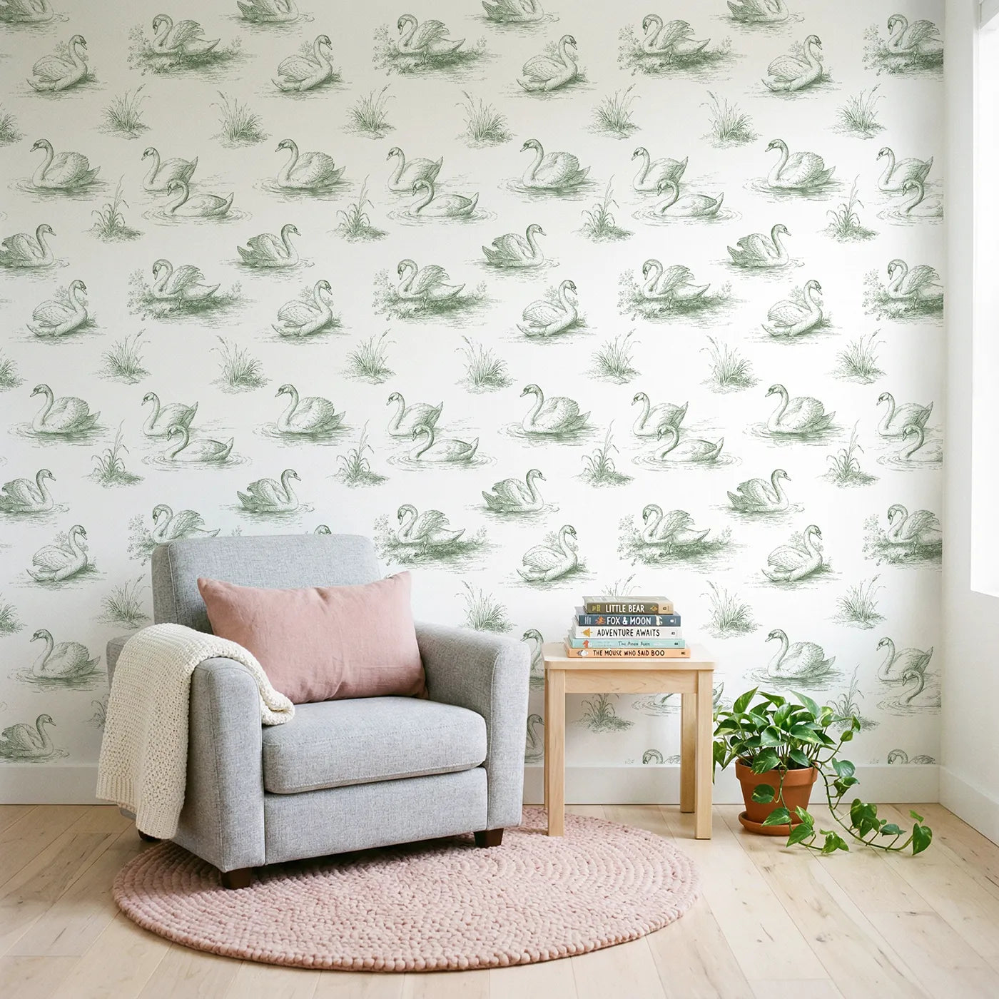 Swan Toile Garden in Green wallpaper in a styled nursery - Whimsy Tots