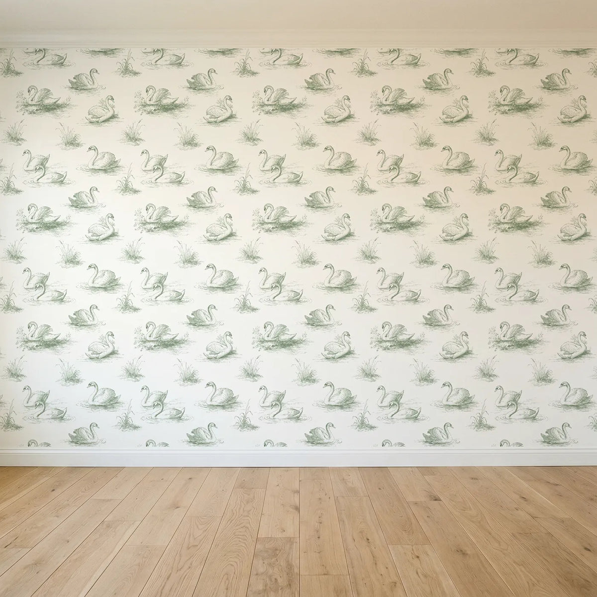 Swan Toile Garden in Green seamless wallpaper full pattern - Whimsy Tots