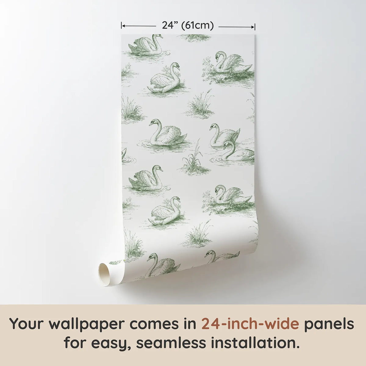 Swan Toile Garden in Green wallpaper panel dimensions - Whimsy Tots