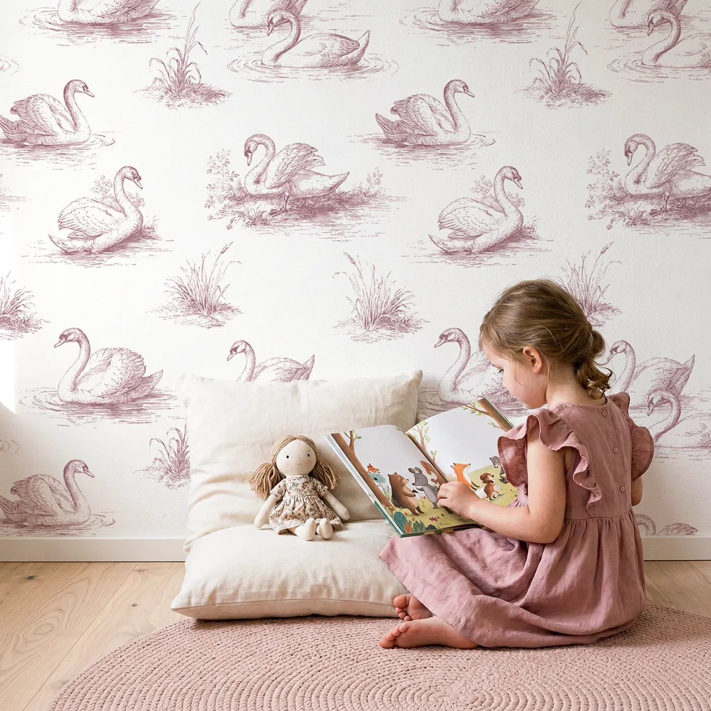 Swan Toile Garden in Pink wallpaper in a cozy kids room - Whimsy Tots