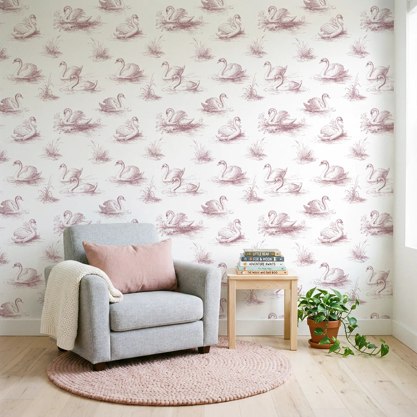 Swan Toile Garden in Pink wallpaper in a styled nursery - Whimsy Tots
