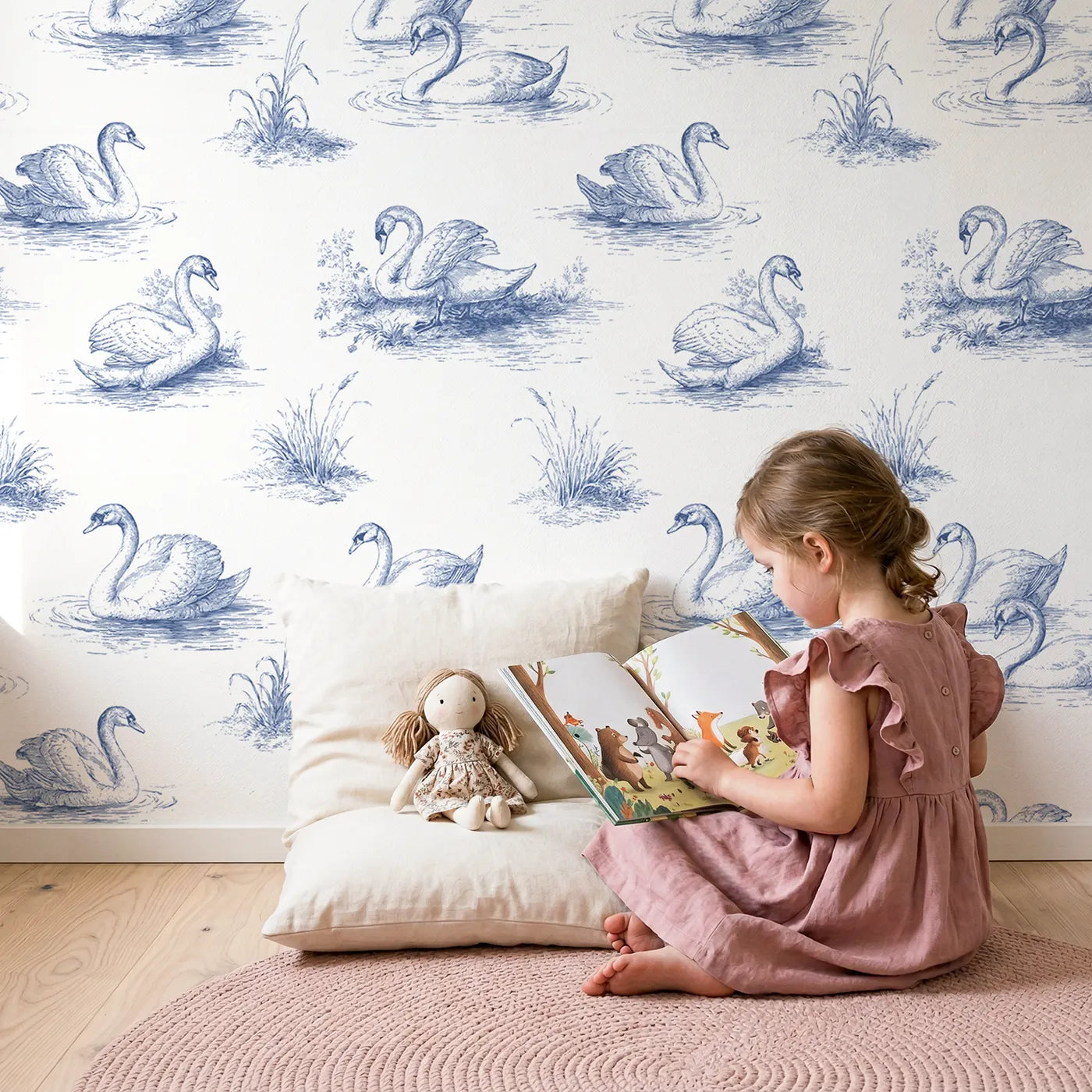 Swan Toile Garden wallpaper in a cozy kids room - Whimsy Tots