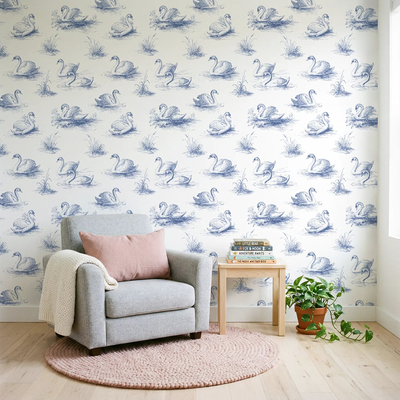 Swan Toile Garden wallpaper in a styled nursery - Whimsy Tots