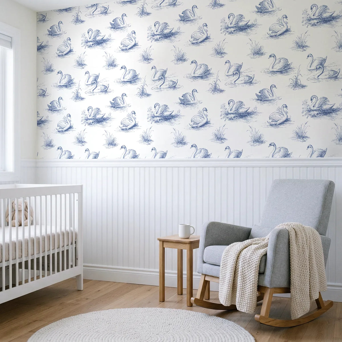 Swan Toile Garden wallpaper above wainscoting - Whimsy Tots
