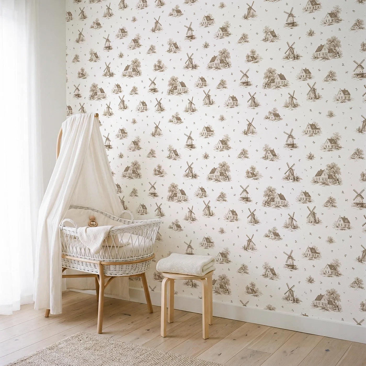 Windmill Toile Toss in Brown wallpaper in a styled nursery - Whimsy Tots