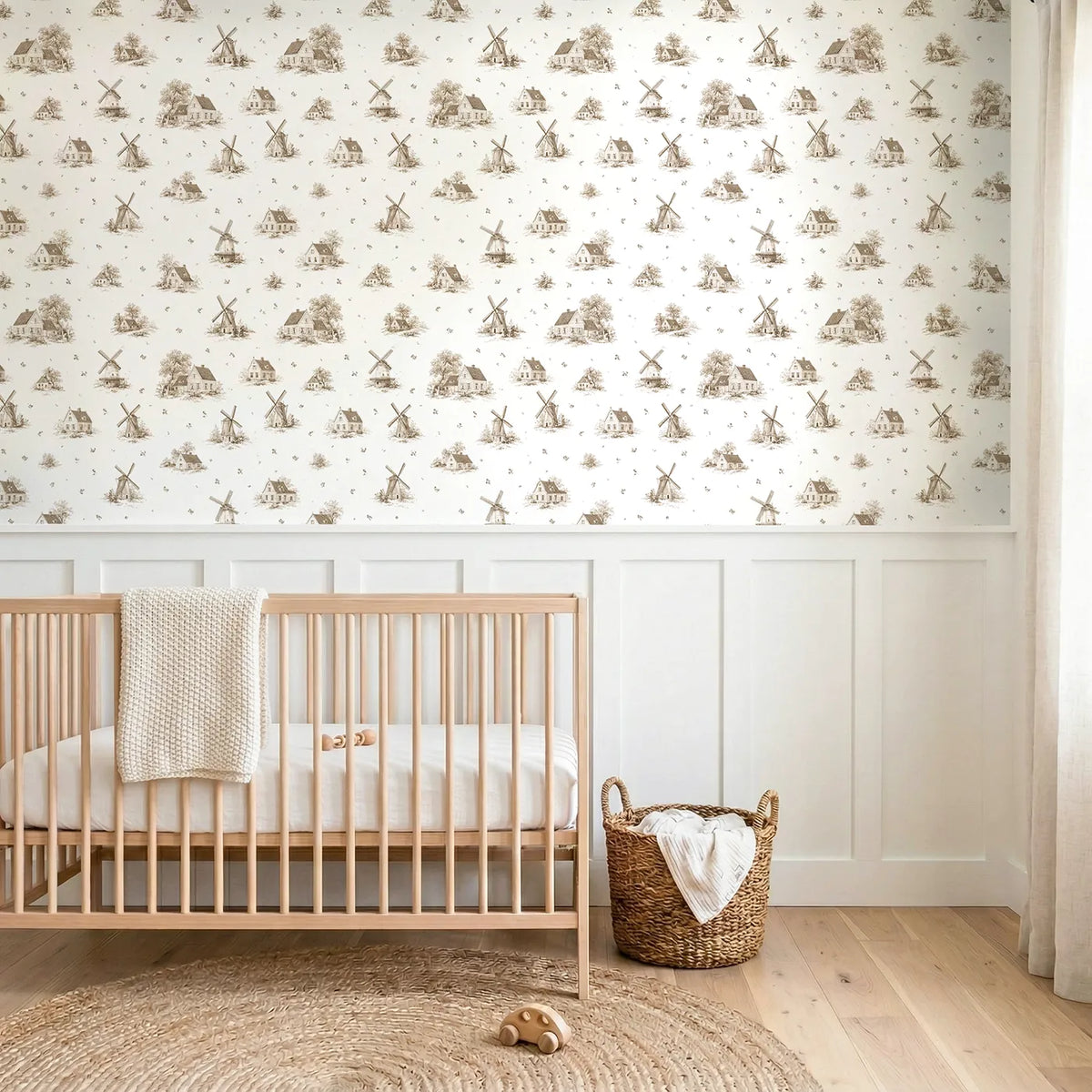 Windmill Toile Toss in Brown wallpaper above wainscoting - Whimsy Tots