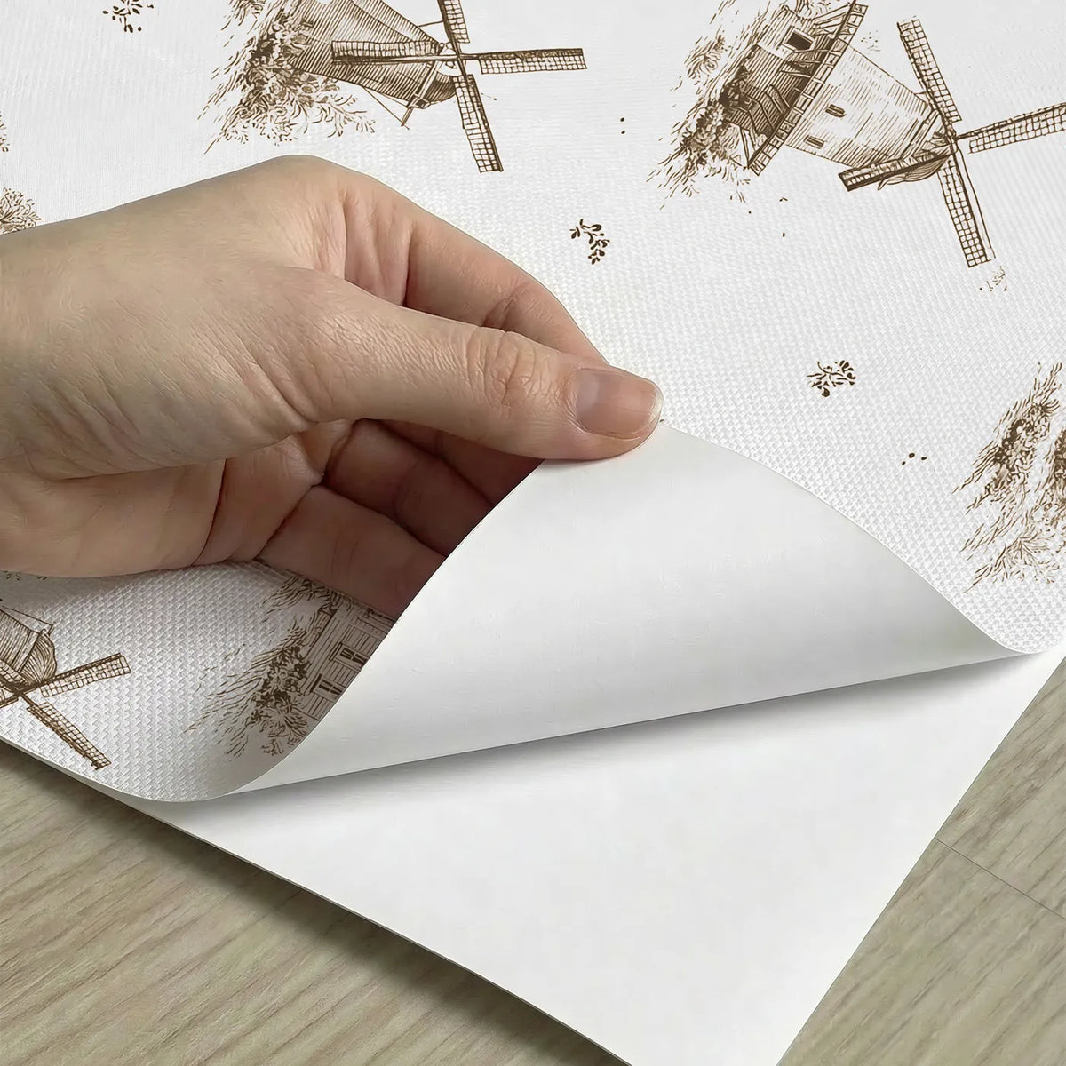 Windmill Toile Toss in Brown peel and stick material close-up - Whimsy Tots