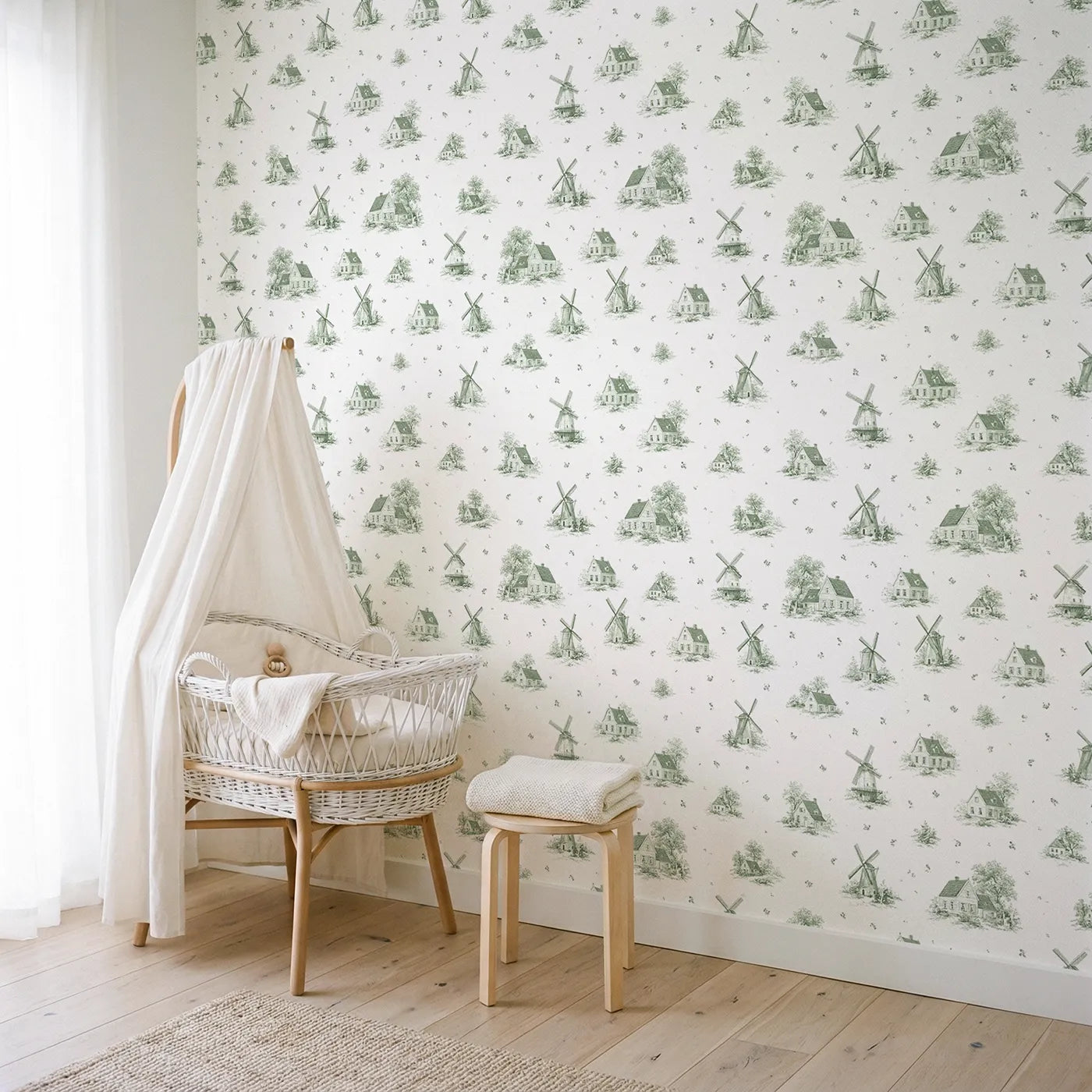 Windmill Toile Toss in Green wallpaper in a styled nursery - Whimsy Tots