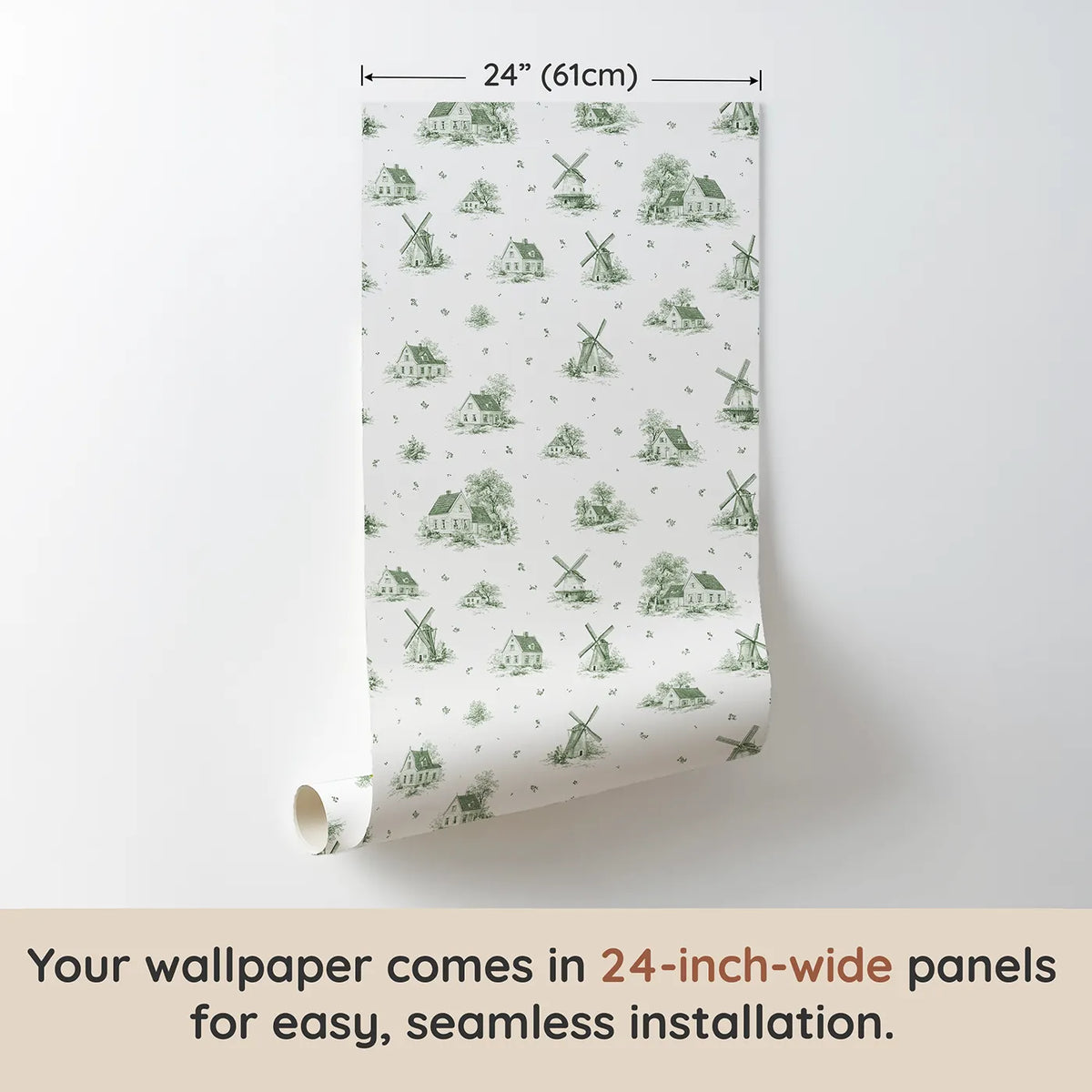 Windmill Toile Toss in Green wallpaper panel dimensions - Whimsy Tots