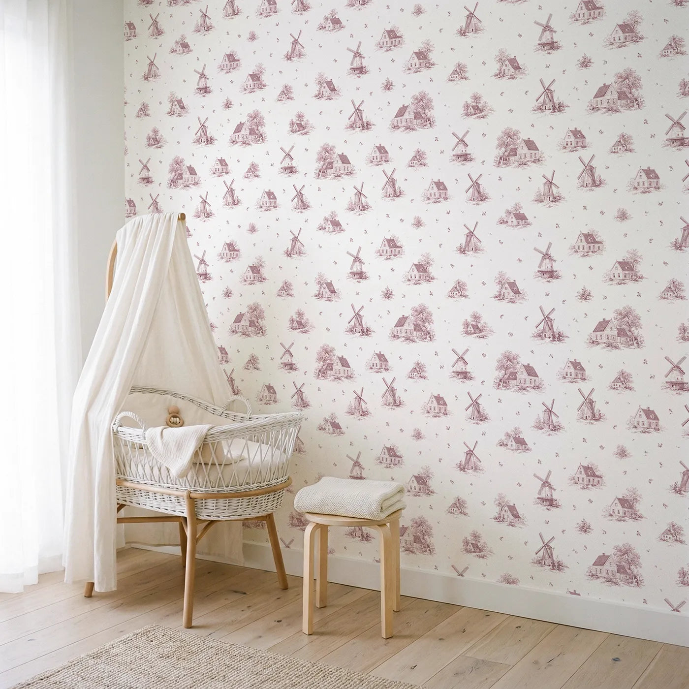 Windmill Toile Toss in Pink wallpaper in a styled nursery - Whimsy Tots