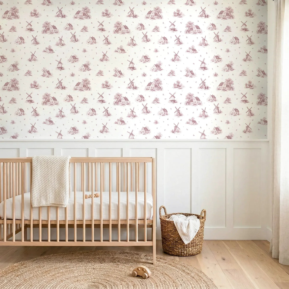 Windmill Toile Toss in Pink wallpaper above wainscoting - Whimsy Tots