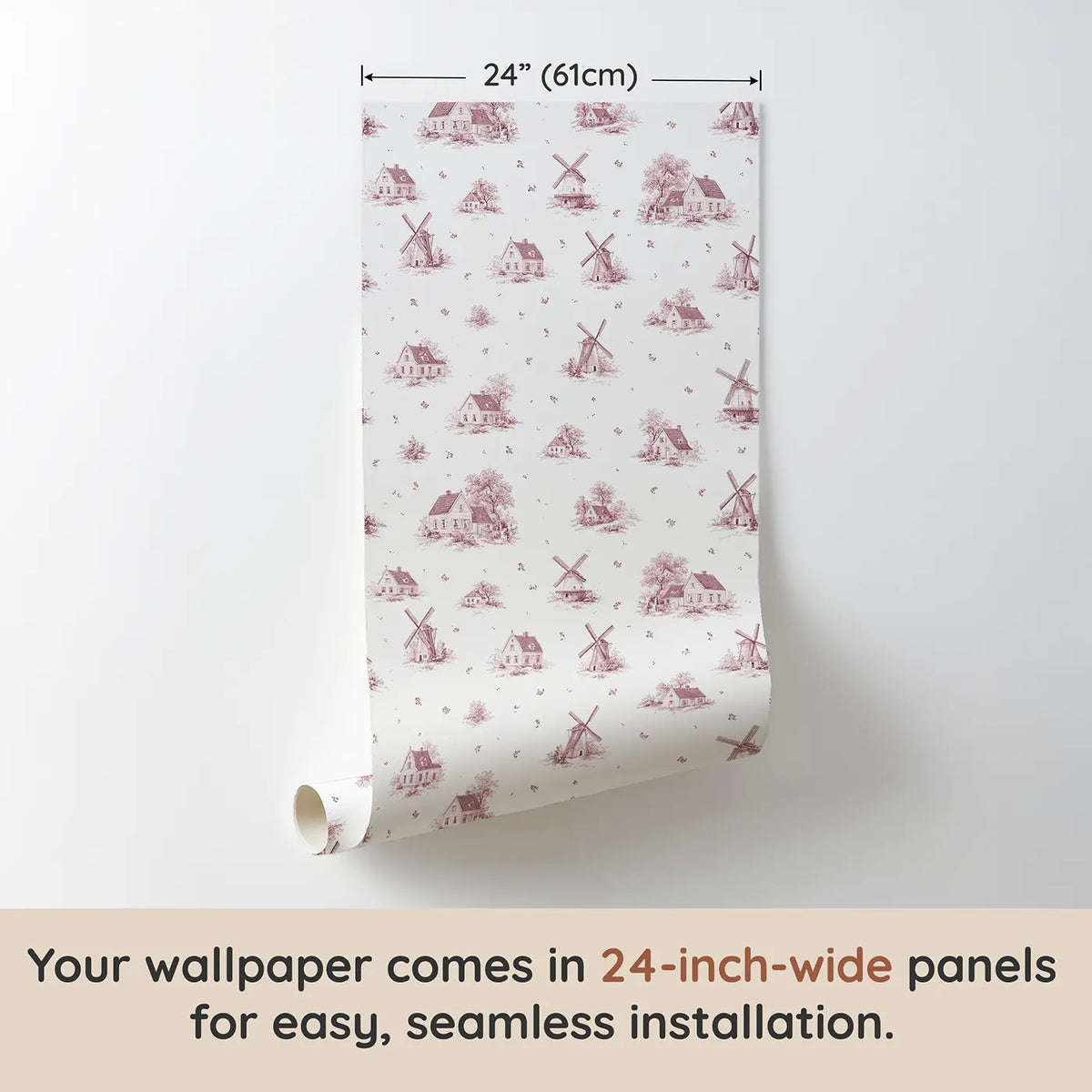 Windmill Toile Toss in Pink wallpaper panel dimensions - Whimsy Tots