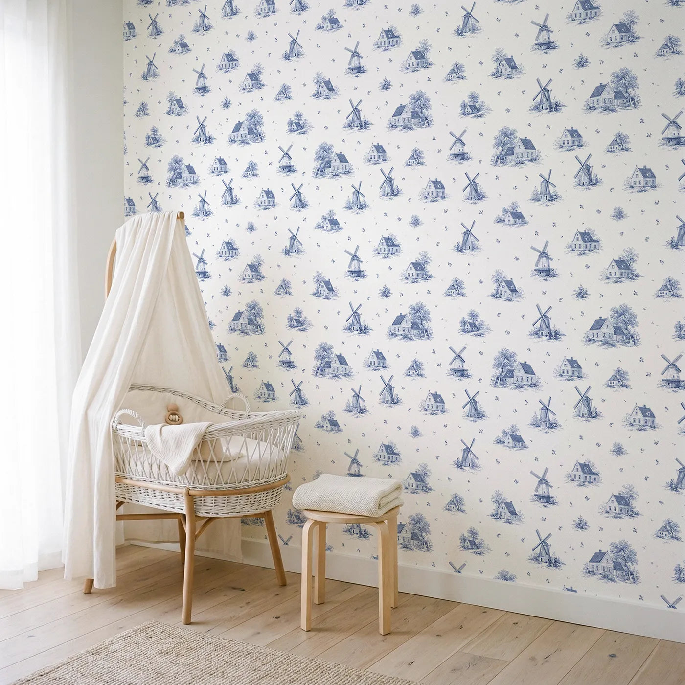 Windmill Toile Toss wallpaper in a styled nursery - Whimsy Tots