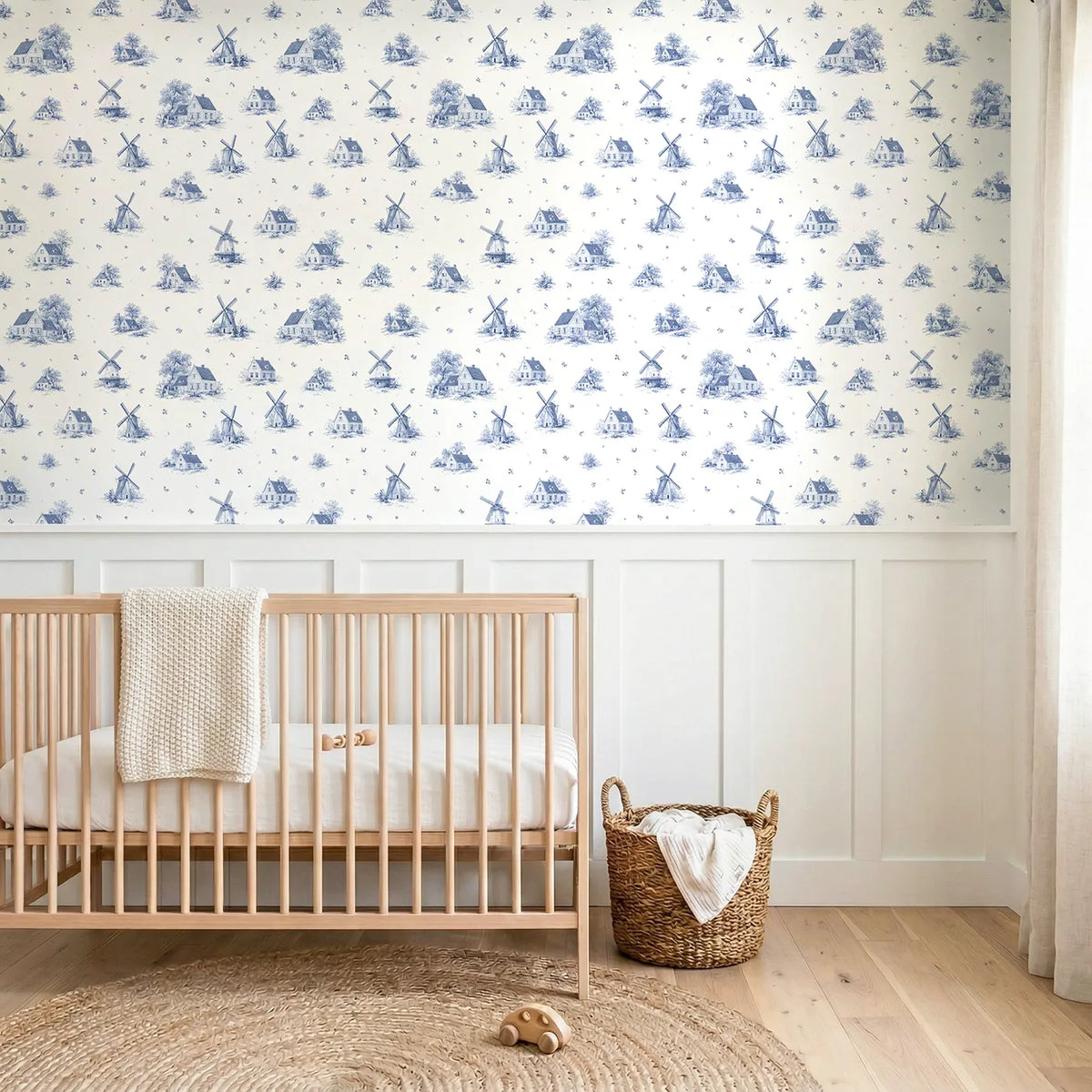 Windmill Toile Toss wallpaper above wainscoting - Whimsy Tots