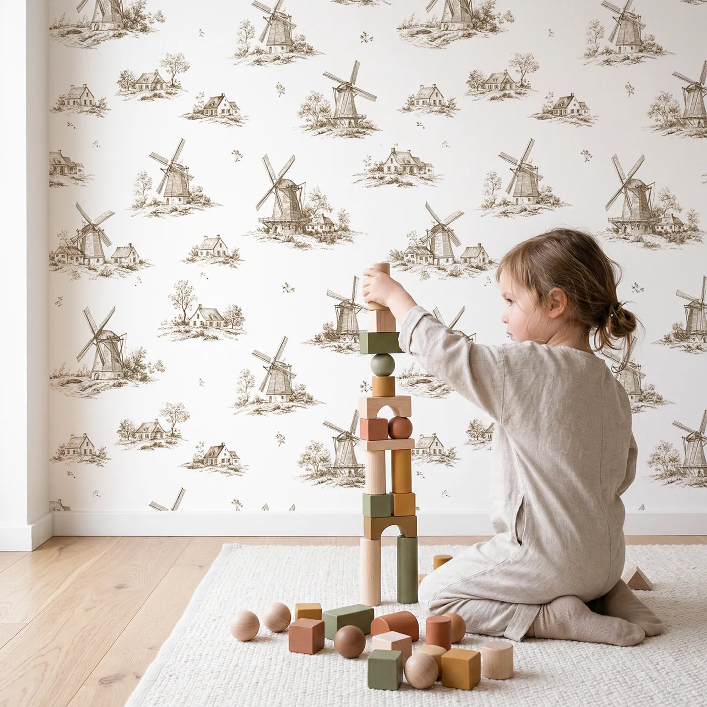 Windmill Toile Rows in Brown wallpaper in a cozy kids room - Whimsy Tots
