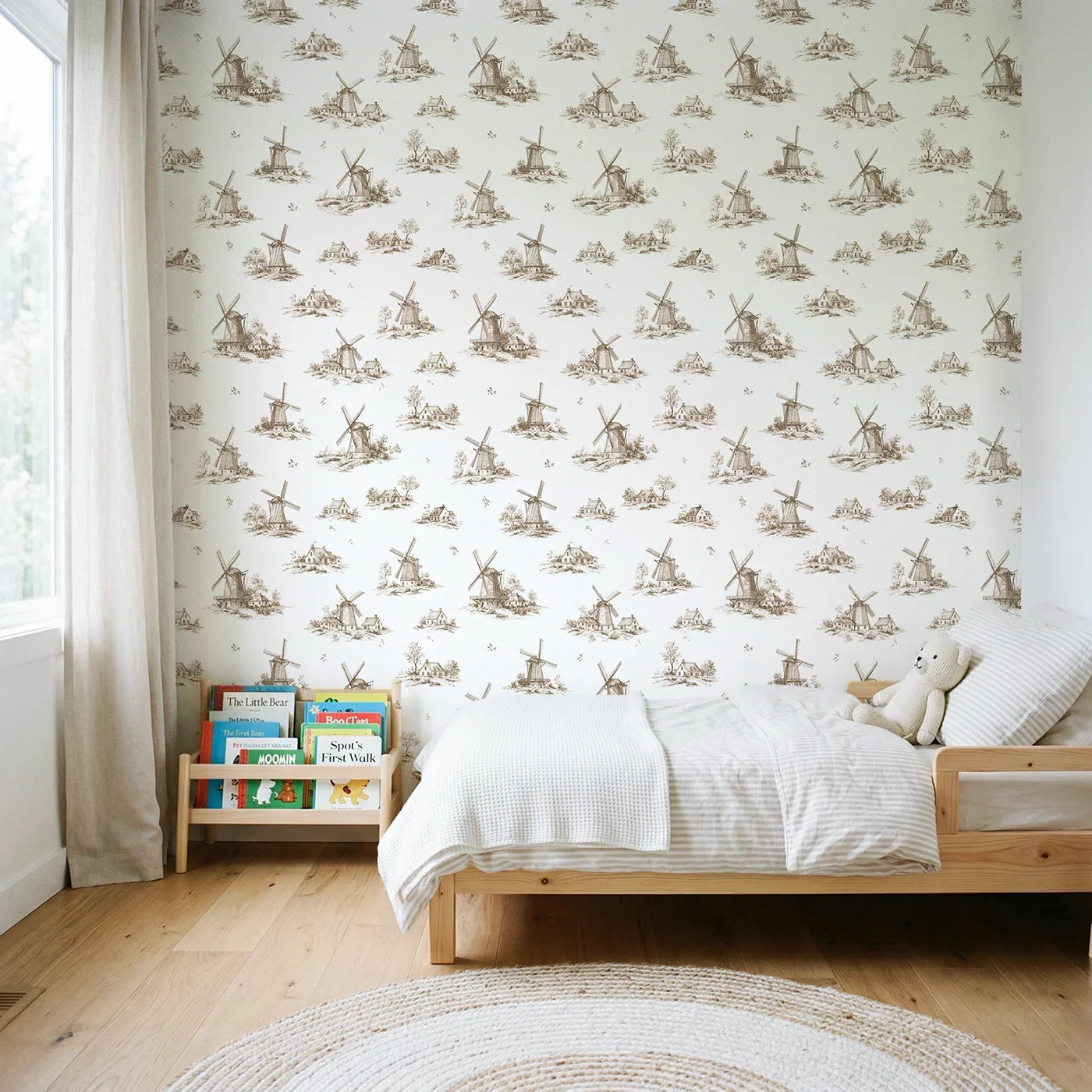 Windmill Toile Rows in Brown wallpaper in a styled nursery - Whimsy Tots