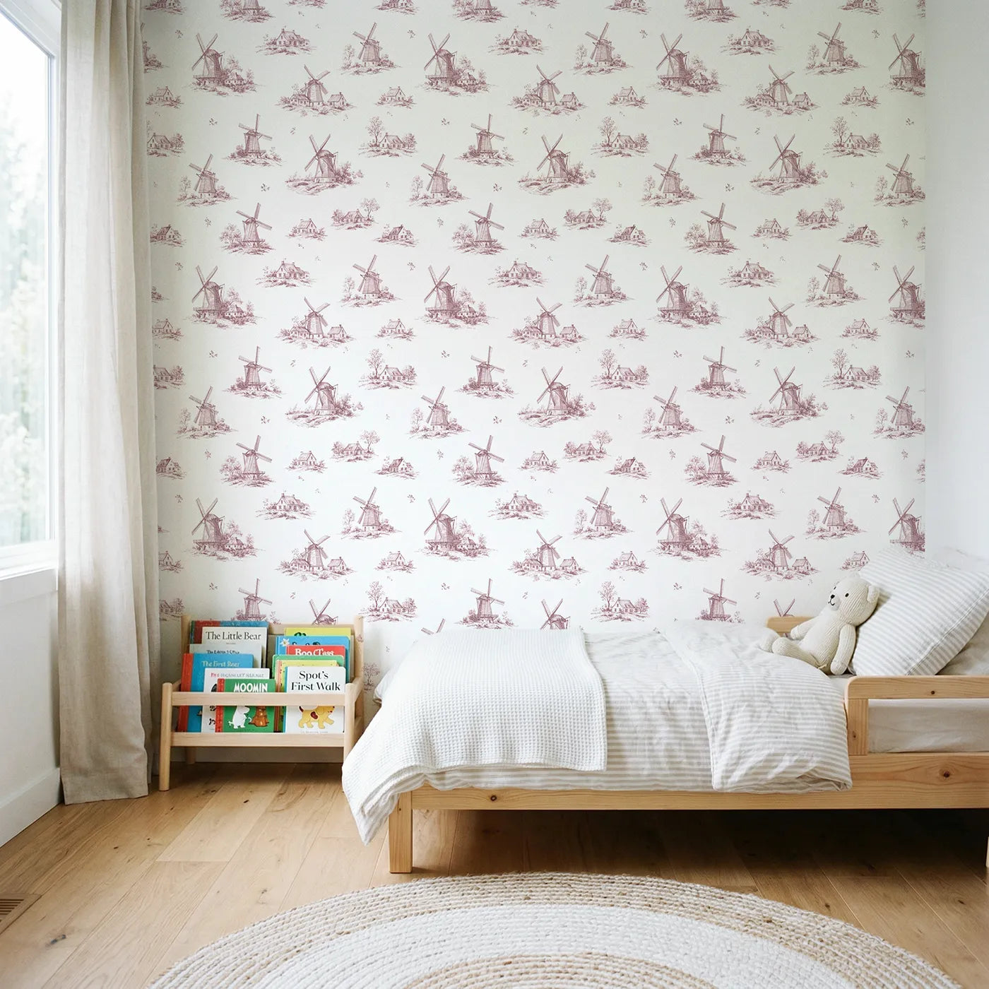Windmill Toile Rows in Pink wallpaper in a styled nursery - Whimsy Tots