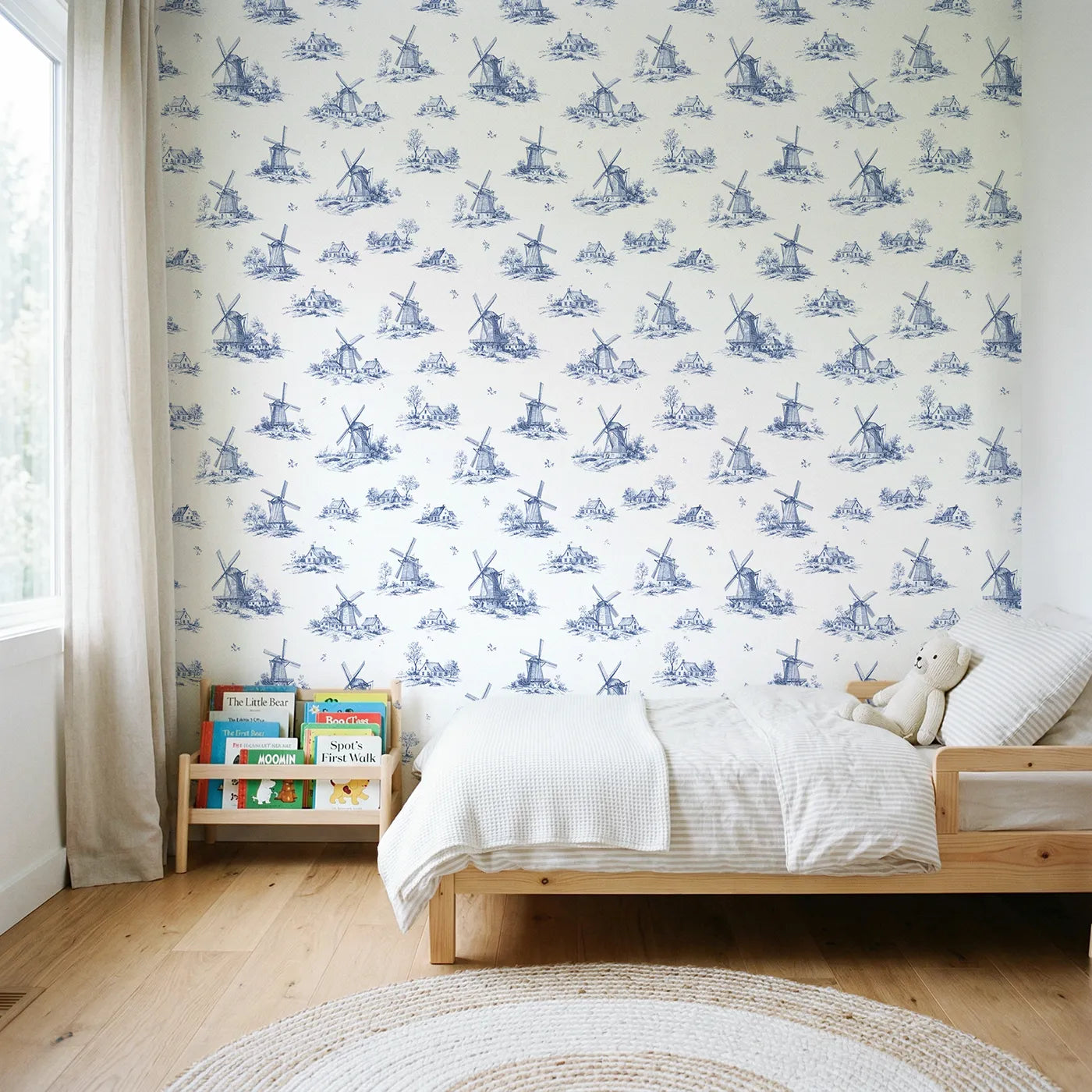 Windmill Toile Rows wallpaper in a styled nursery - Whimsy Tots