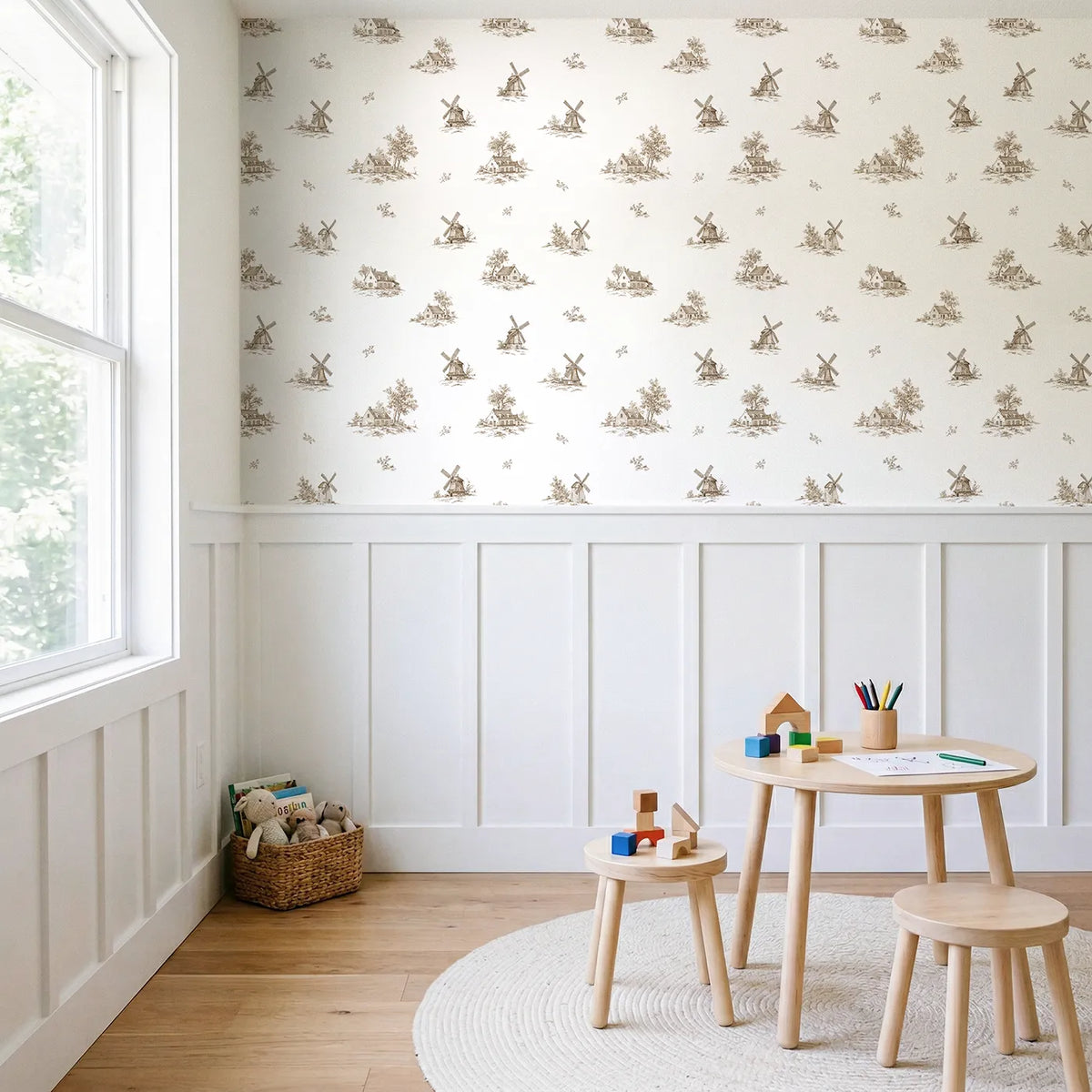 Windmill Toile Drop in Brown wallpaper above wainscoting - Whimsy Tots