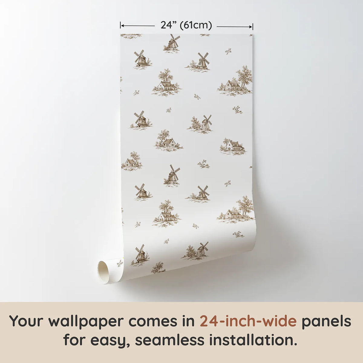Windmill Toile Drop in Brown wallpaper panel dimensions - Whimsy Tots