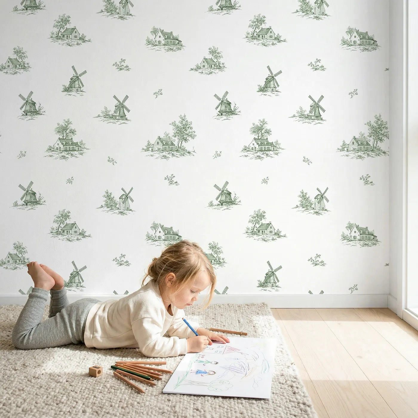 Windmill Toile Drop in Green wallpaper in a cozy kids room - Whimsy Tots