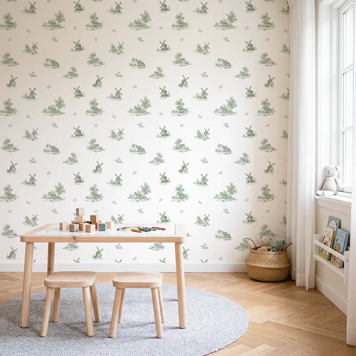Windmill Toile Drop in Green wallpaper in a styled nursery - Whimsy Tots