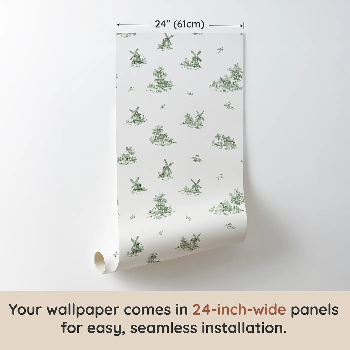 Windmill Toile Drop in Green wallpaper panel dimensions - Whimsy Tots