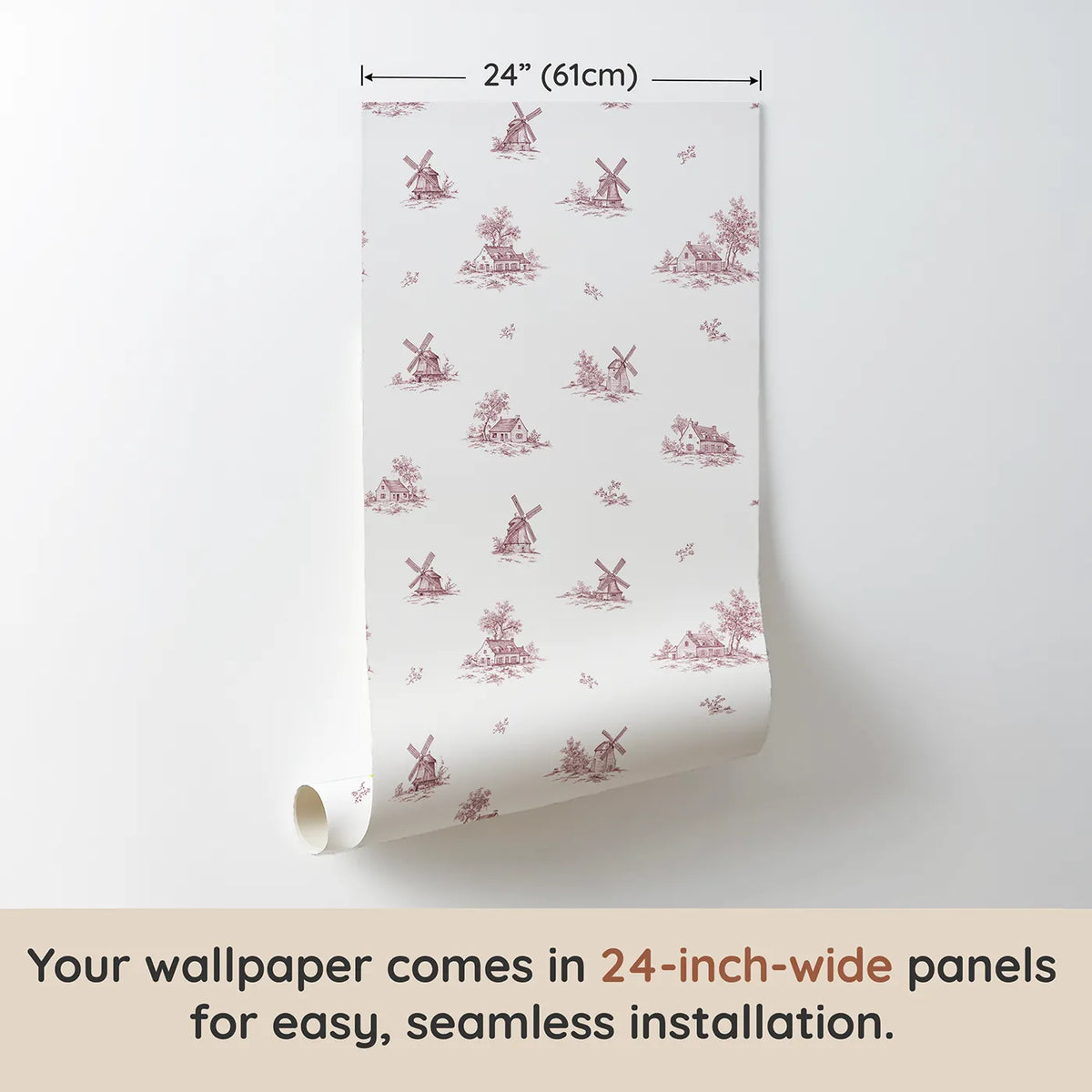 Windmill Toile Drop in Pink wallpaper panel dimensions - Whimsy Tots