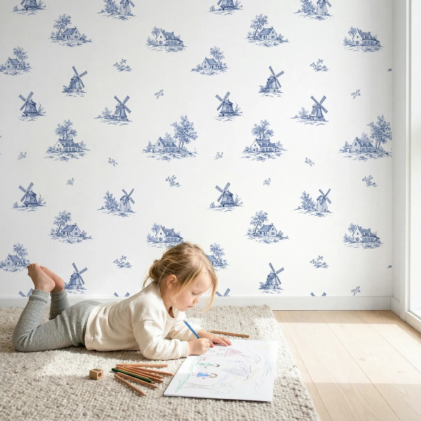 Windmill Toile Drop wallpaper in a cozy kids room - Whimsy Tots