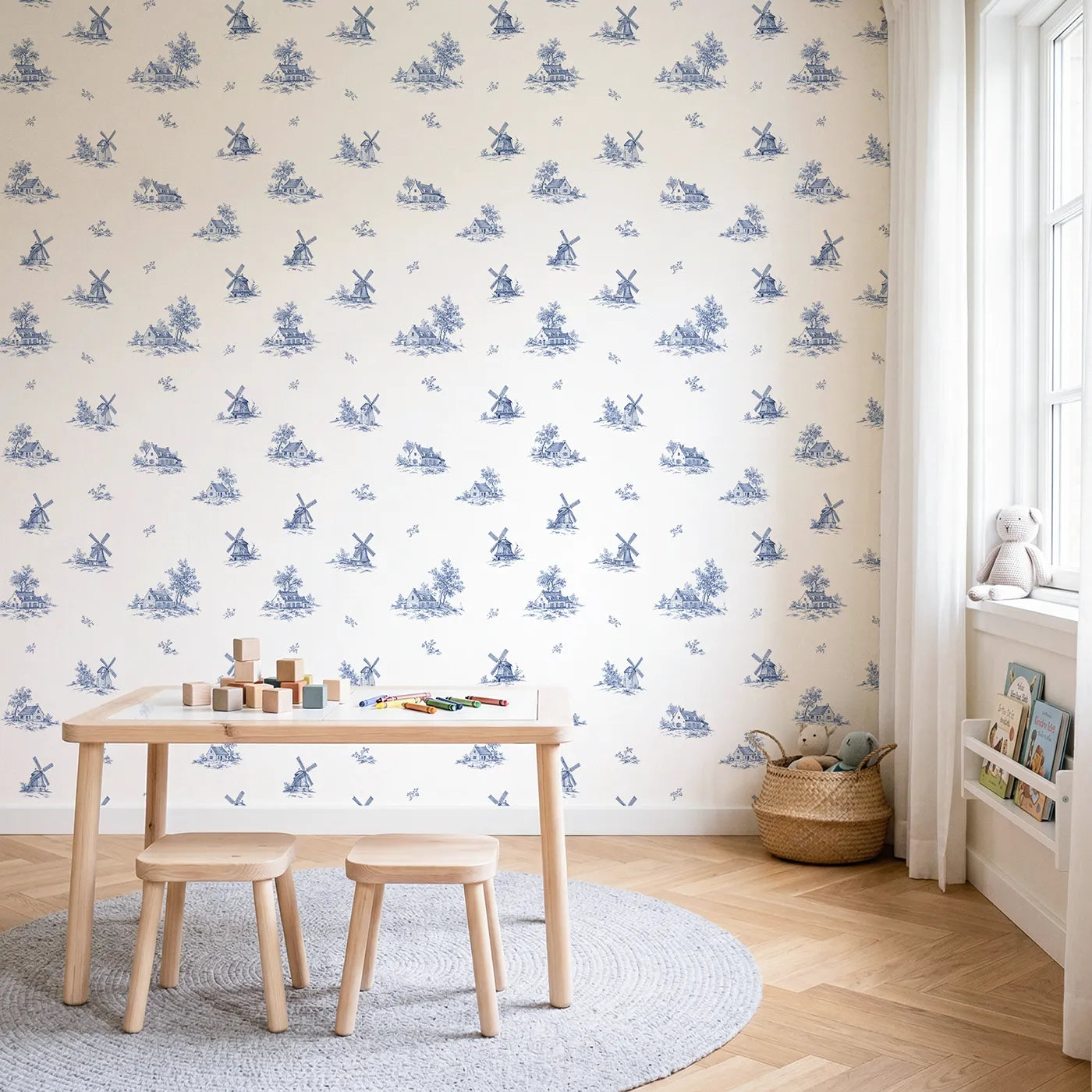 Windmill Toile Drop wallpaper in a styled nursery - Whimsy Tots