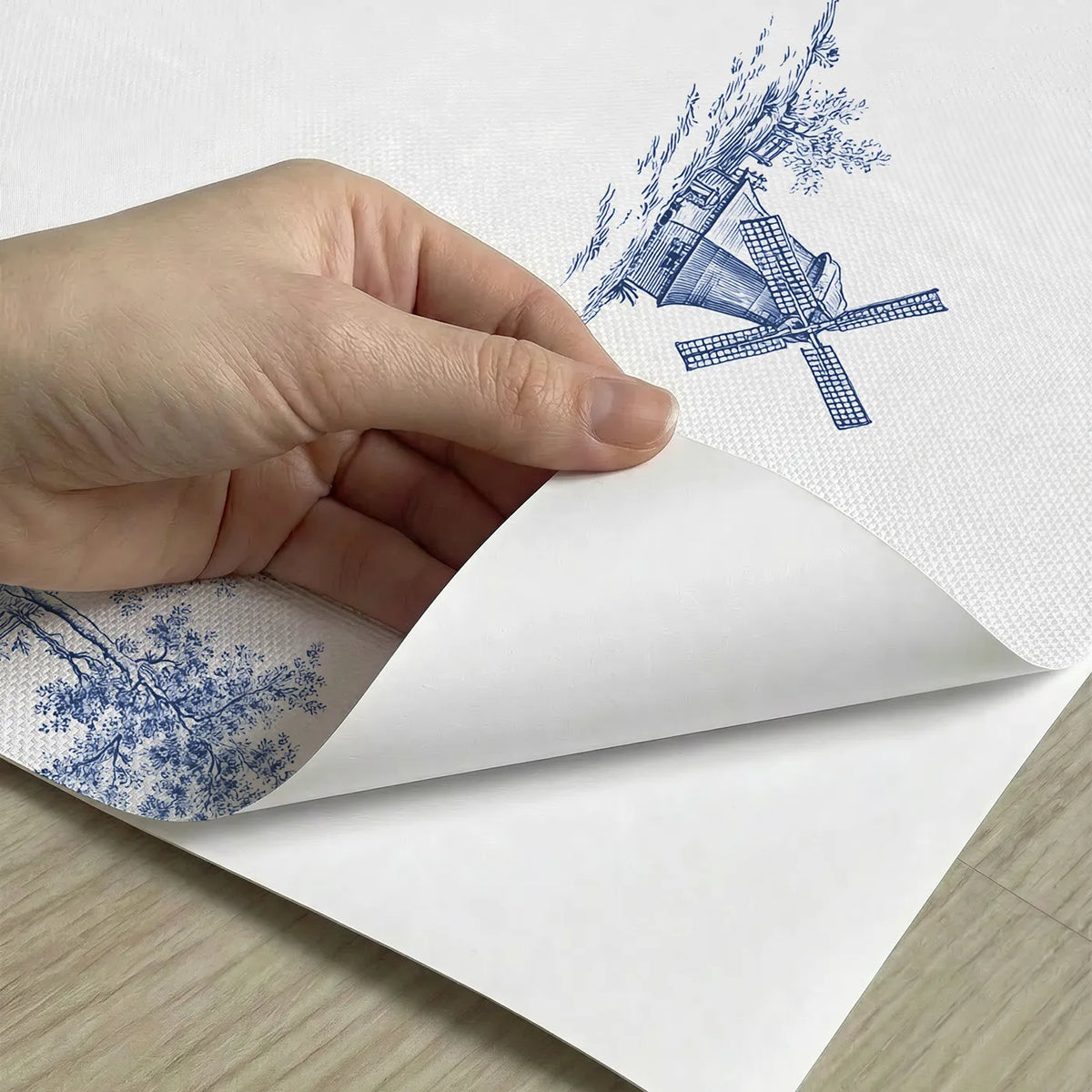 Windmill Toile Drop peel and stick material close-up - Whimsy Tots