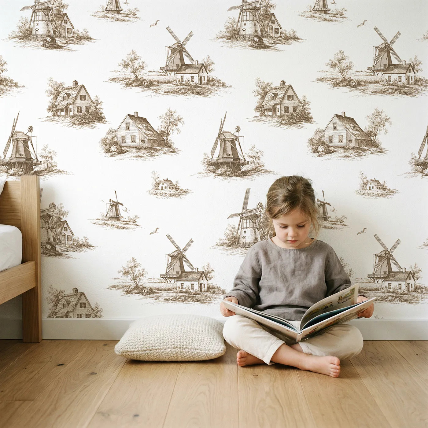 Windmill Toile Scene in Brown wallpaper in a cozy kids room - Whimsy Tots