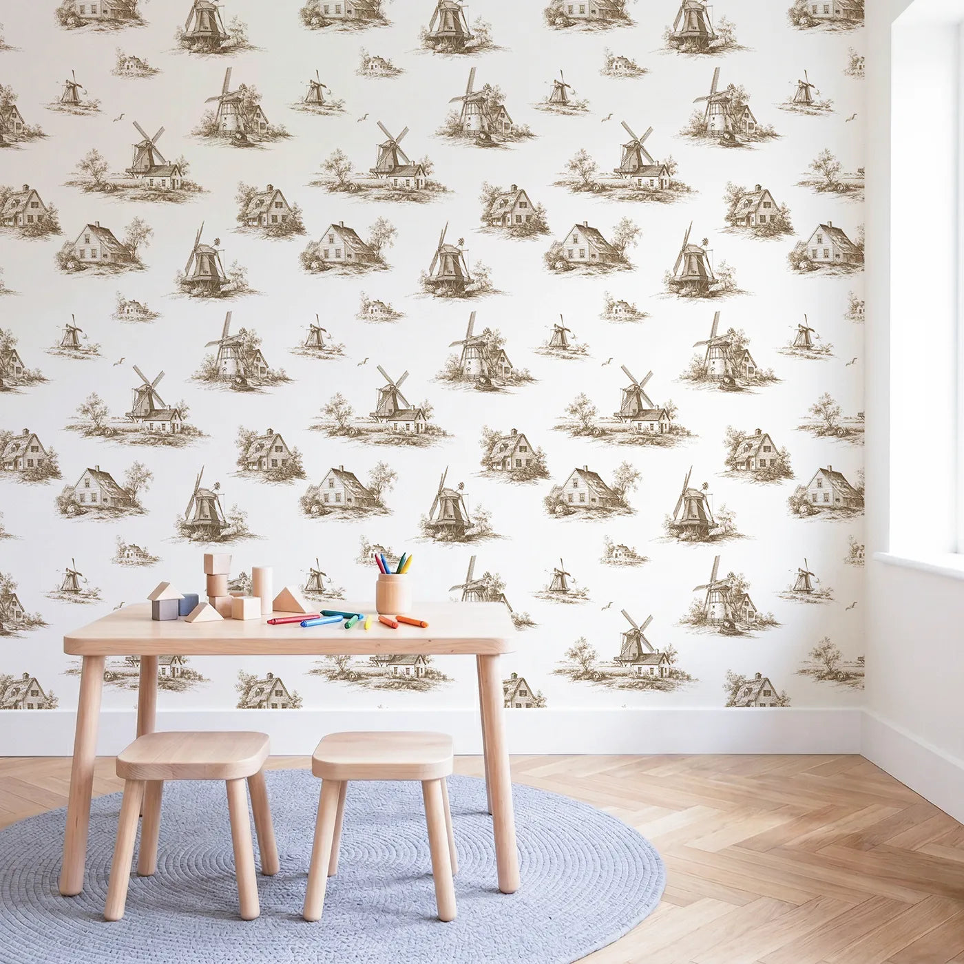 Windmill Toile Scene in Brown wallpaper in a styled nursery - Whimsy Tots