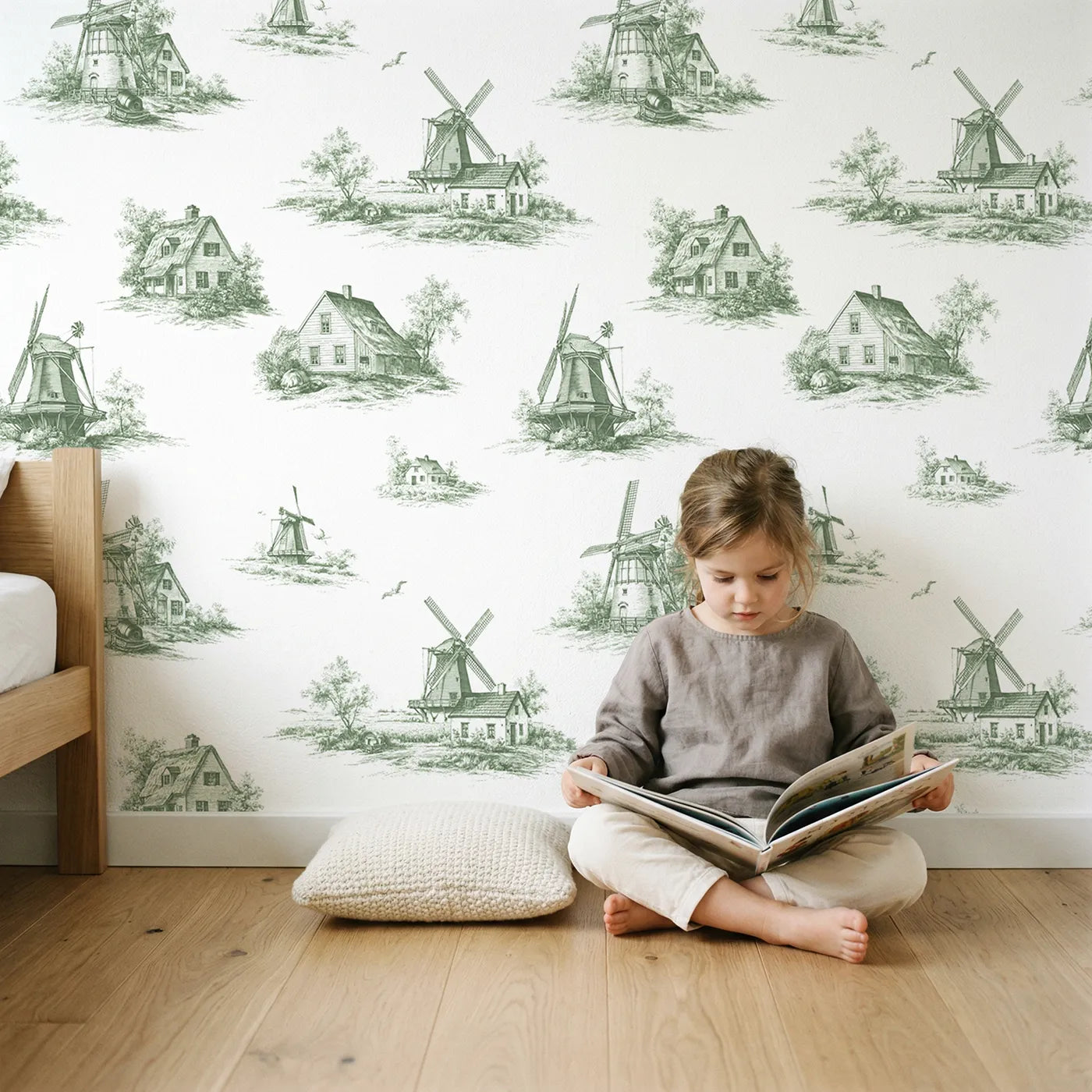 Windmill Toile Scene in Green wallpaper in a cozy kids room - Whimsy Tots