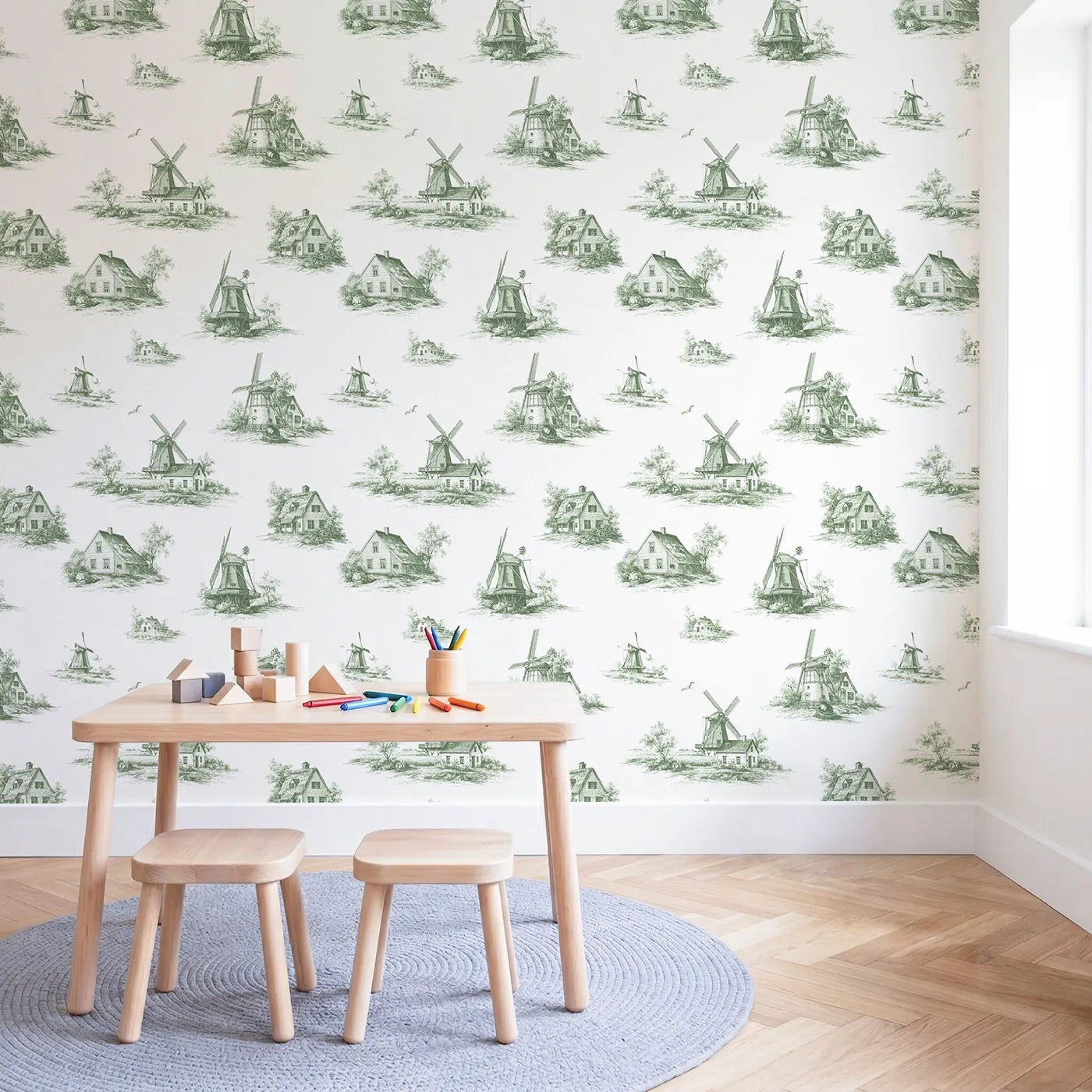 Windmill Toile Scene in Green wallpaper in a styled nursery - Whimsy Tots