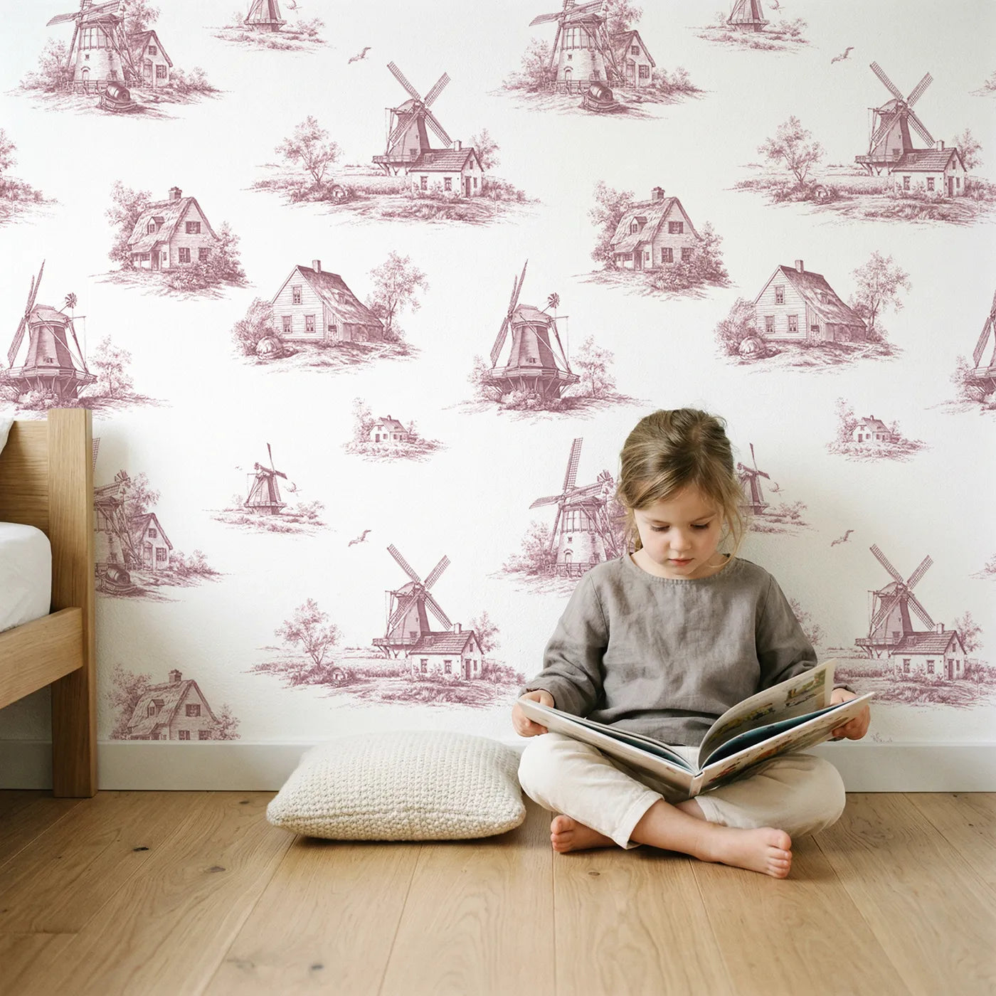 Windmill Toile Scene in Pink wallpaper in a cozy kids room - Whimsy Tots